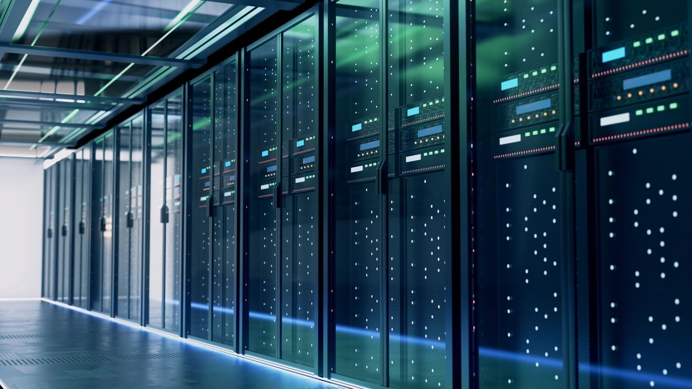 Enterprise server room with network infrastructure and fiber connections